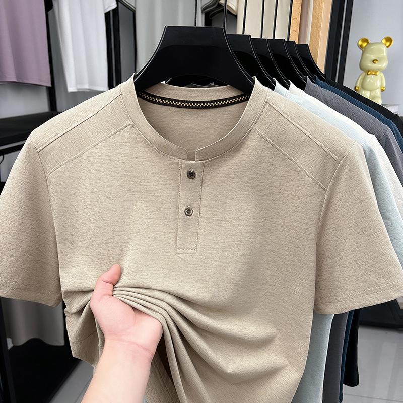 Men's Summer Short Sleeve Henley Collar Polo Shirt - Loose Fit, Solid Color, Casual Versatile T-shirt