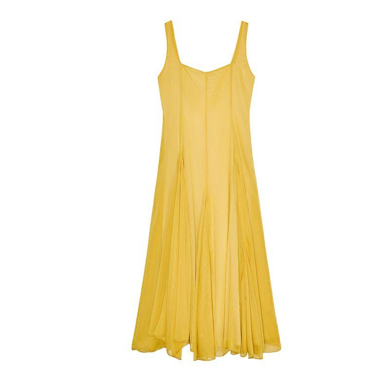 

Summer Women s Pleated Hem Asymmetric Design Wide Shoulder Strap Square Collar Midi Skirt Dress 3024375 Medium yellow L