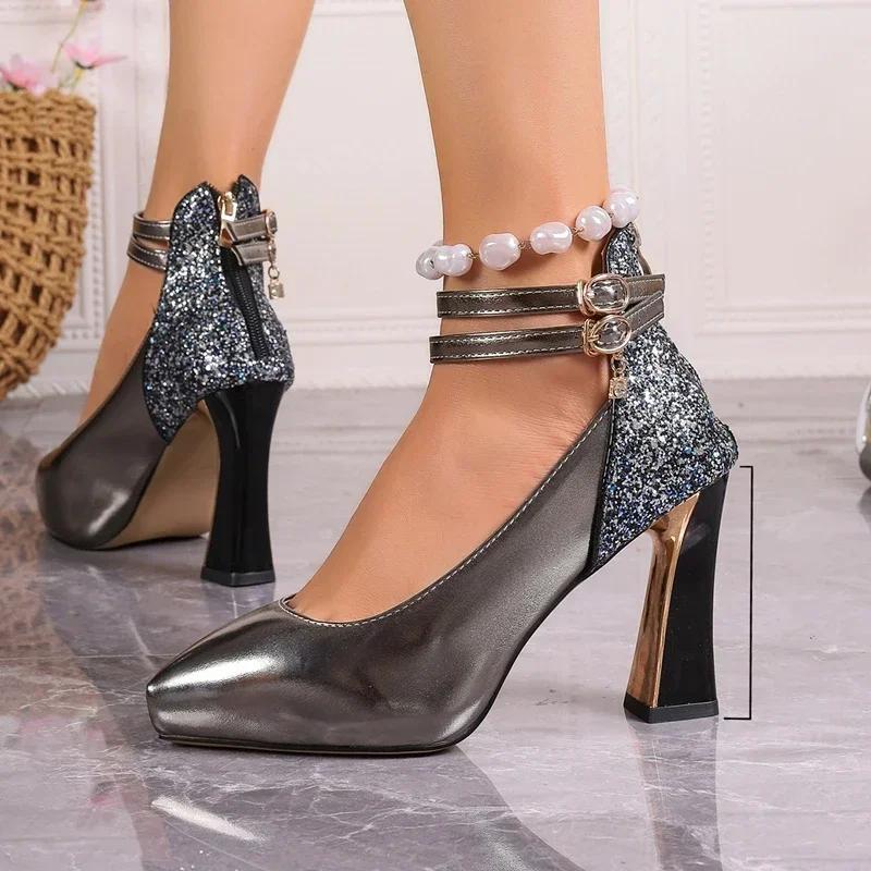 Spring and Summer Elegant Rhinestone Decorated Sexy Fashionable Women's Shoes Comfortable Casual High Heels Chaussure Femme