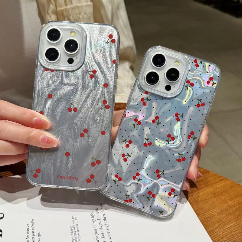 Little Cherry Print Luxury Glitter Case For iPhone 16 Pro Max 15 Pro 14 13 12 11 Hybrid TPU PC Clear Shockproof Slim Phone Cover