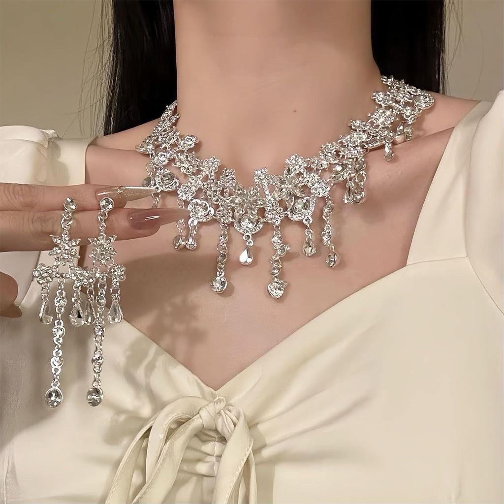 Elegant Waterdrop Diamond Tassel Necklace and Earrings Set for Women