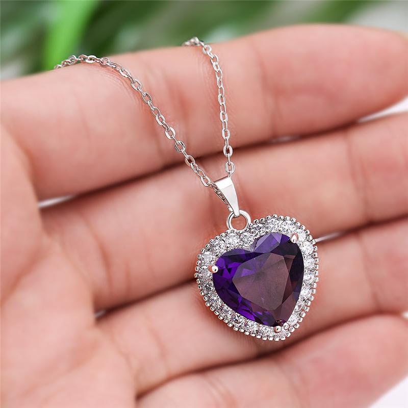 Rainbow Cubic Zirconia Heart Pendant Necklace Heart Stone Silver Clavicle Chain For Women Anniversary Jewelry