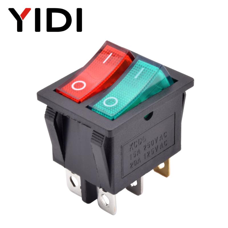 1pc KCD6 Illuminated Light Plastic Dual Push Button Rocker Switch 12V 220V Latching 6 Pin Red Green On Off Boat Power Switch 16A 12V