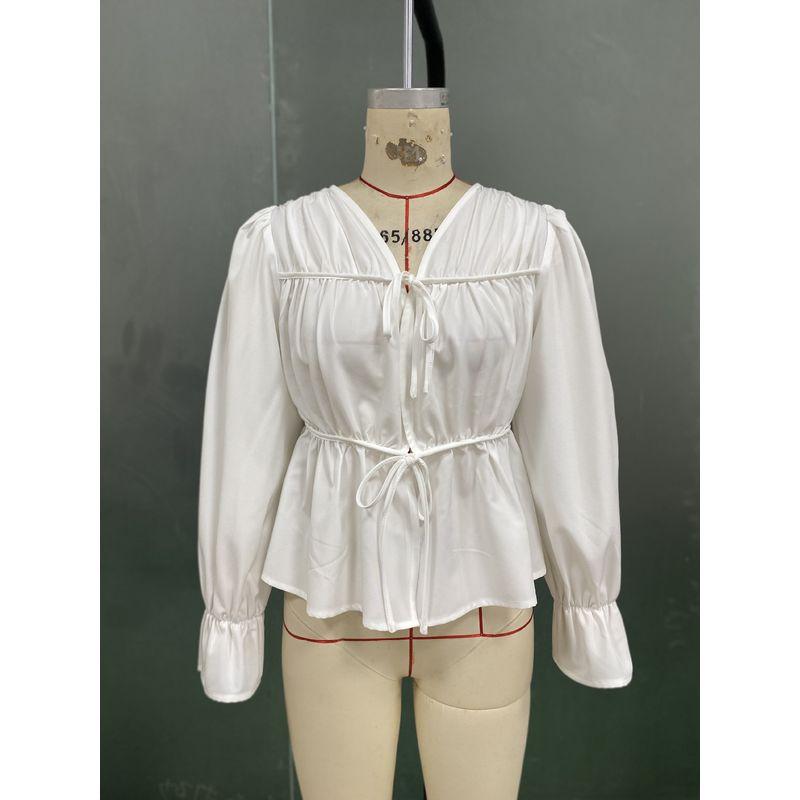 

Chiffon V-neck Top Fashion Wind New Fashion Casual Pure Color Long Sleeves Shirt V-neck Lace up Tops White M