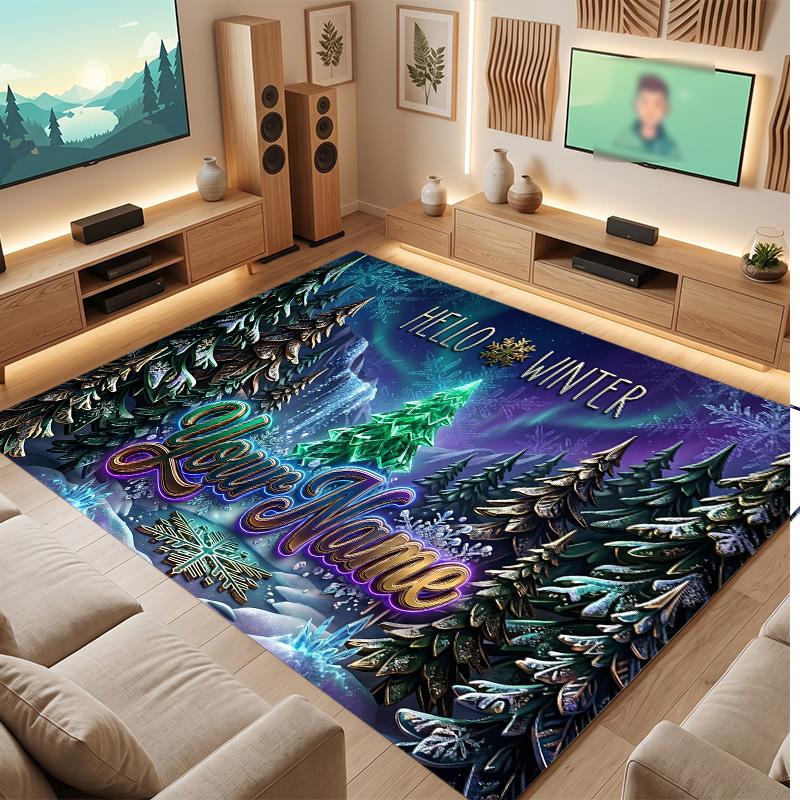 Winter Theme Soft Crystal Velvet Rug Custom Name & Text Print Non Slip Floor Rug for Bedroom Living Room