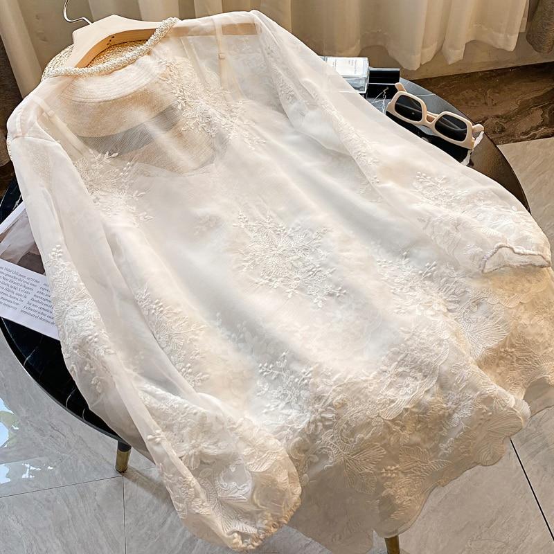 

Элегантная прозрачная вышитая блузка женская с v-образным вырезом летняя кружевная шифоновая рубашка женский солнцезащитный кардиган свободные топы с длинными рукавами 27702