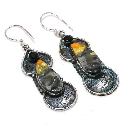 Natural Bumble Bee Jasper,Spinel Gemstone 925 Sterling Silver Earring 2.56" A6P77