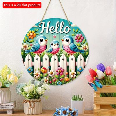 2D Flat 20*20cm1pc Hello White Fence&cute Birds&flowers Patterns Wooden Welcome Hanging Sign, Spring &Summer Round Art Plaques Sign for Toilet Home