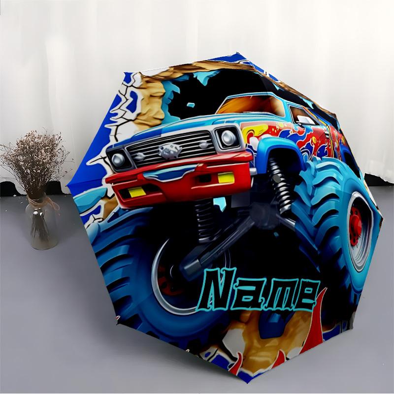 1pz Camioncino Mostro Avventura Nome Personalizzato Ombrello Pieghevole Automatico, Plastica e Ferro Resistenti, Leggero per Uso Esterno Quotidiano S1230067