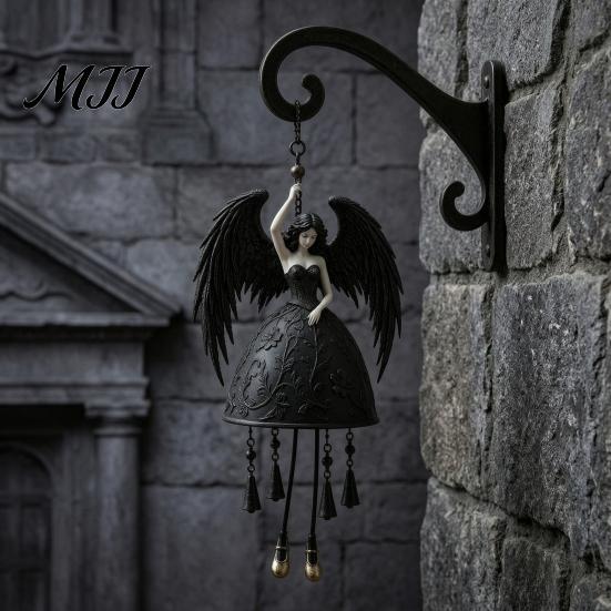 Gothic Style Windbell Dark Angel Wind Chime, Winged Black Spiritual Home Ornament Hanging for Outdoor Garden Porch Patio Decor Statue