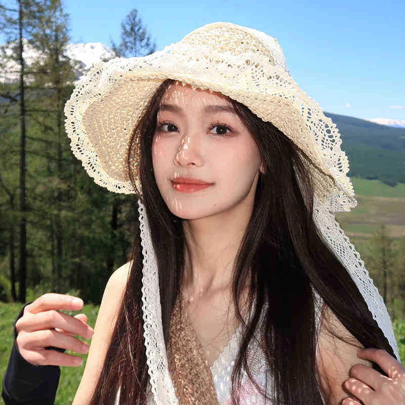 INS wind summer lace streamer large brim sunshade straw hat women s 2025 new seaside vacation sunscreen hat Adjustable