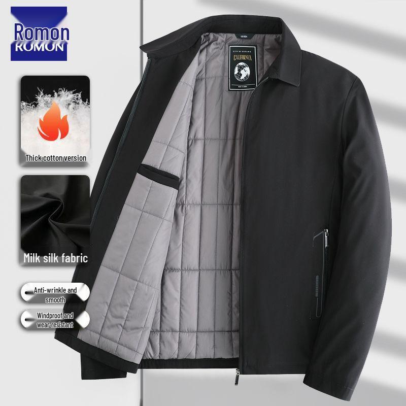 Romon Men's Quilted Turn-Down Collar Fleece-Lined Jacket - Autumn/Winter Style, Ideal for Middle-Aged and Elderly