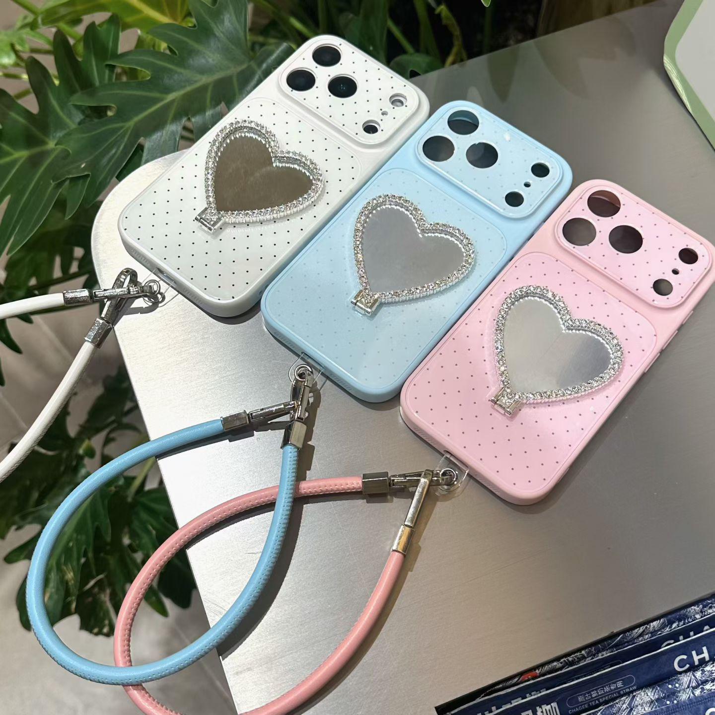 

Polka Dot Heart Mirror Stand Case for iPhone 13/14/15/16/17 Pro Max iPhone 14 Pro Max