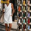 Vestidos Casuais Femininos de Moda Verão Primavera Cor Sólida Estampa Decote V Sem Mangas