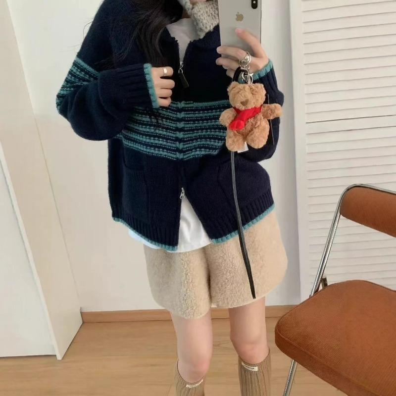 Contrasting Color Striped Lapel Sweater Jacket Women's Autumn and Winter New Lazy Style Loose Thickened Knitted Cardigan Top