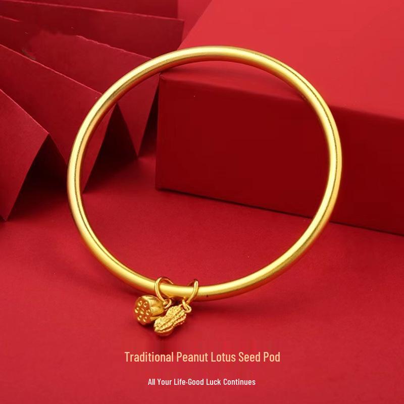 Ancient Style Gold-Plated Brass Bangle with Peanut & Lotus Pod Design – Jewelry Gift Bracelet