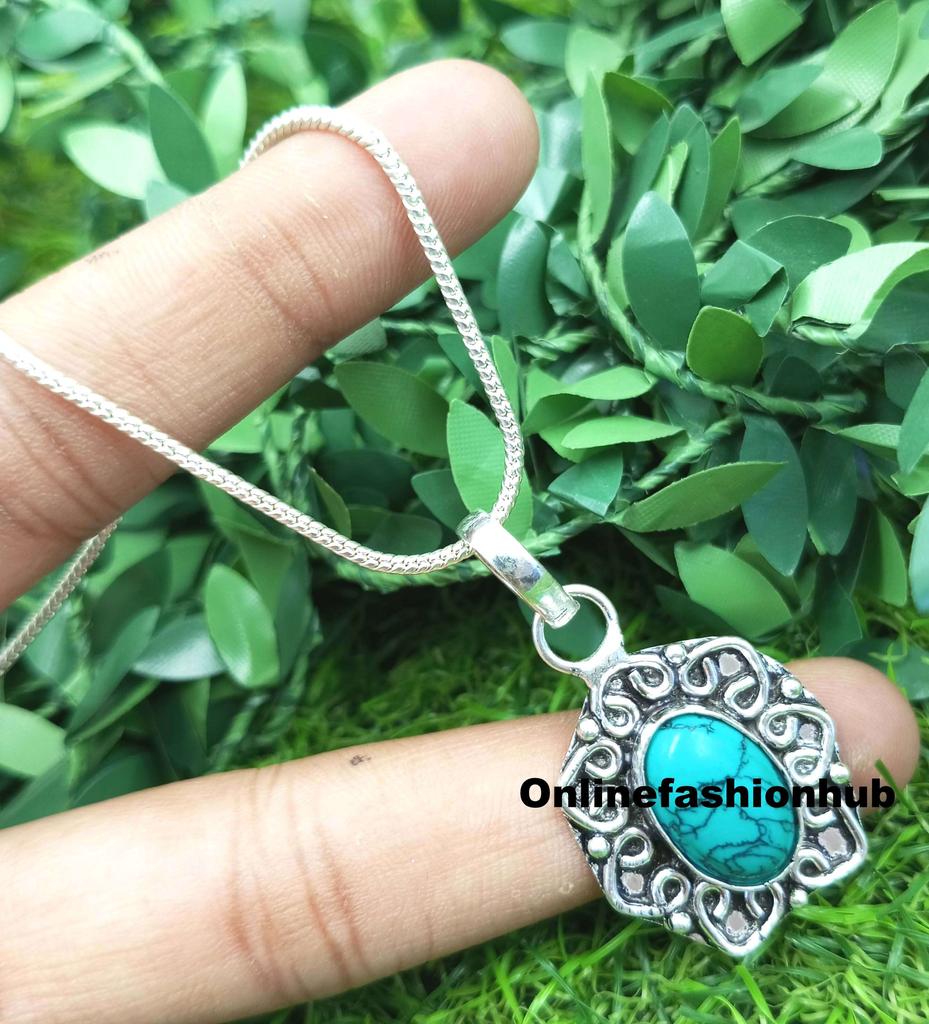 Turquoise Gemstone 925 Sterling Silver Plated Hippie Pendant FPD-P91