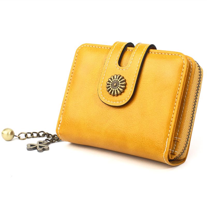 

Винтажный кошелек на молнии, короткий трехкратный маленький кожаный кошелек, женский кожаный кошелек из восковой кожи, сумка для монет жёлтый