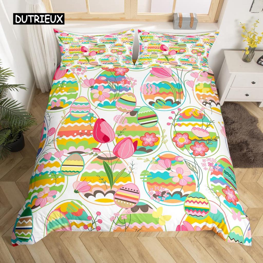 Kawaii Králičí Povlak na Peřinu Roztomilý Mazlíček Zvíře Povlak na Přikrývku Boho Květinový Velikonoční Vajíčka Ložní Set Šťastné Velikonoce Dárky pro Dívky Teenagery