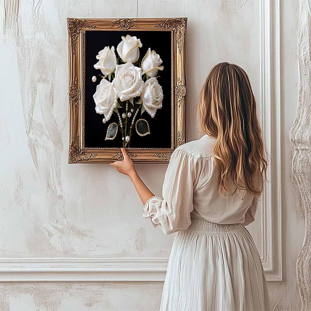 DIY White Rose Pearl Diamond Art Kits Without Frame 30x40cm Gem Art Diamond Painting Kits for Adults/Beginners Gift Idea Home Wall Decor