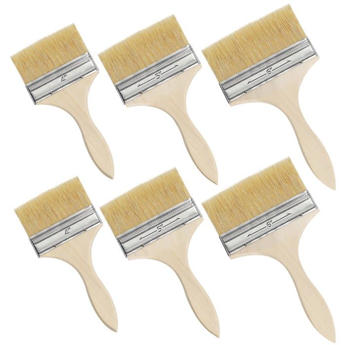 Lot de 6 pinceaux plats peinture (2x10,16 / 2x12,7 / 2x15,24 cm) - Manche bois, poils synthétiques