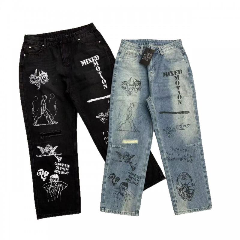 American MIXED EMOTION Angel Letter Print Wide Leg Straight Jeans Unisex
