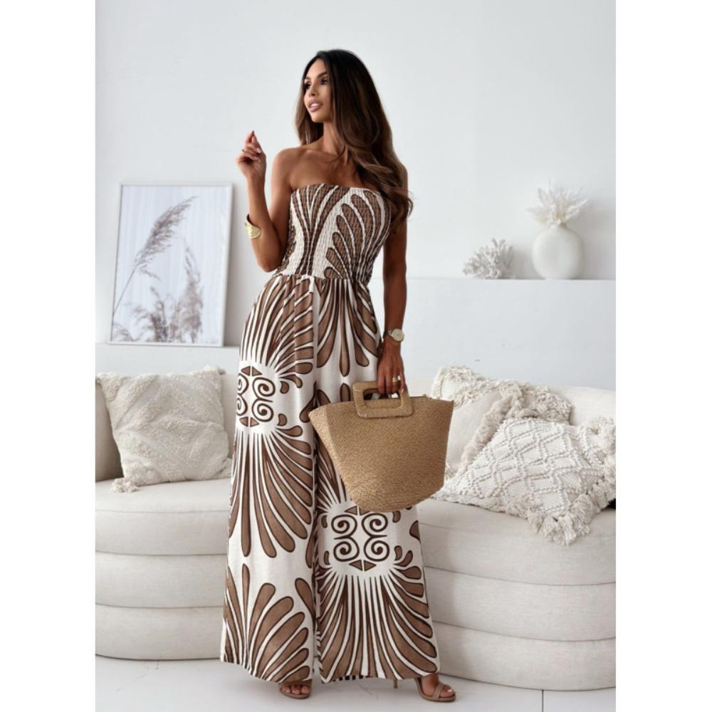 Women s Strapless Sleeveless Printed Loose Fit High Waist Wide Leg Jumpsuit S хаки