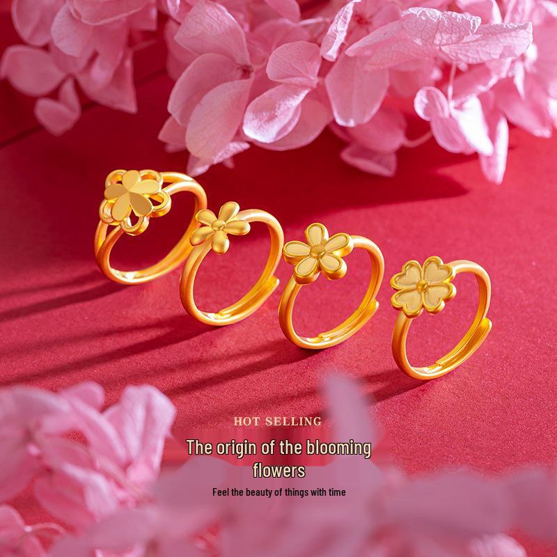 Vietnamese Gold-Plated Brass Peach Blossom Clover Ring - Adjustable Hot-Selling Style