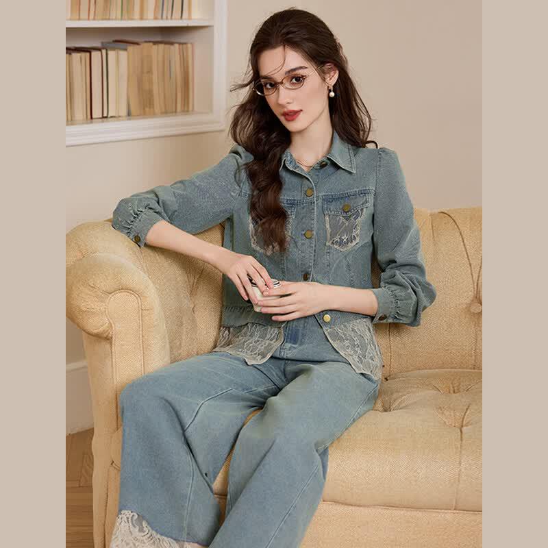 Retro Lace Trim Denim Two-Piece Set