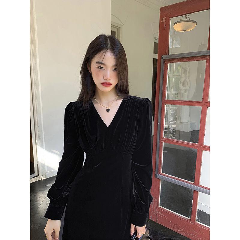 Κομψό Μαύρο Βελούδινο Φόρεμα για Γυναίκες Χειμερινά Φορέματα Α γραμμής