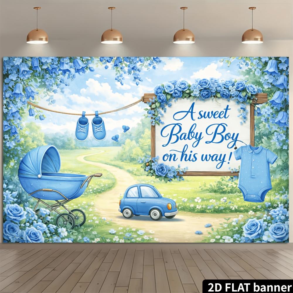 2D Planar Blue Background Fabric for Baby Shower Party. Wooden Sign with Baby Carriage Theme. Suitable for Baby Shower Party.