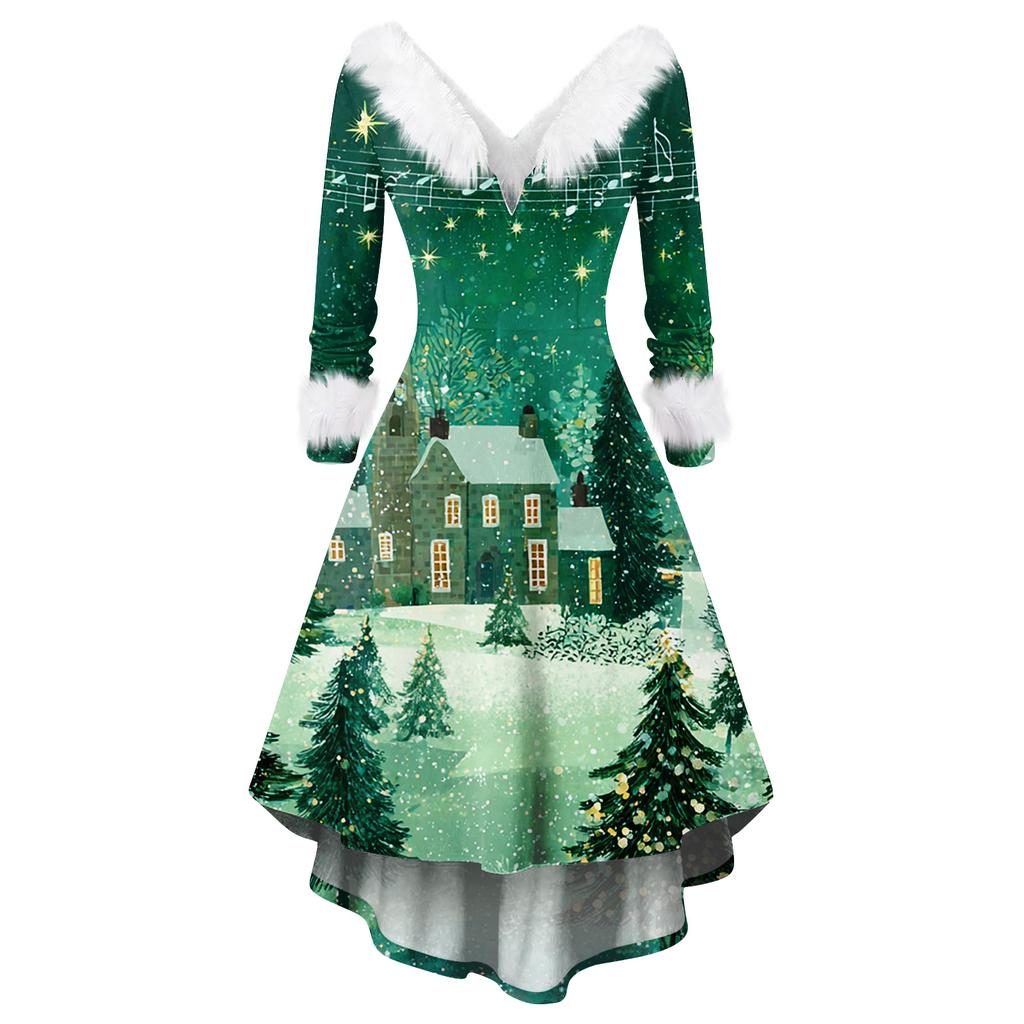 Women's Fashionable Casual Fitted Christmas Print Party Long-Sleeved Dress