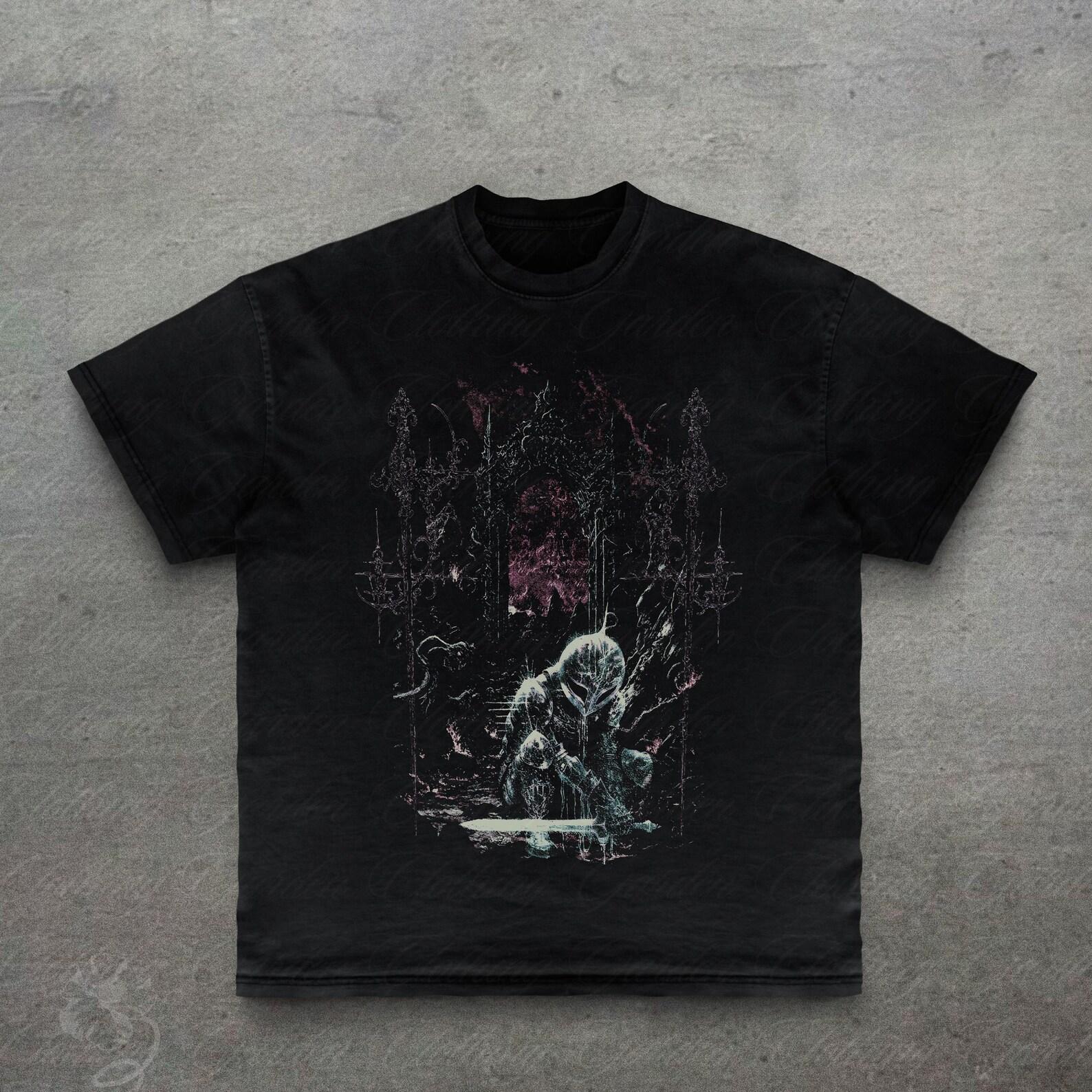 Dark Knight Graphic Tee, Medieval Gothic T-Shirt for Men Women, Vintage Style Elden Ring Inspired Top, Grunge Fantasy Warrior Shirt, Unisex L