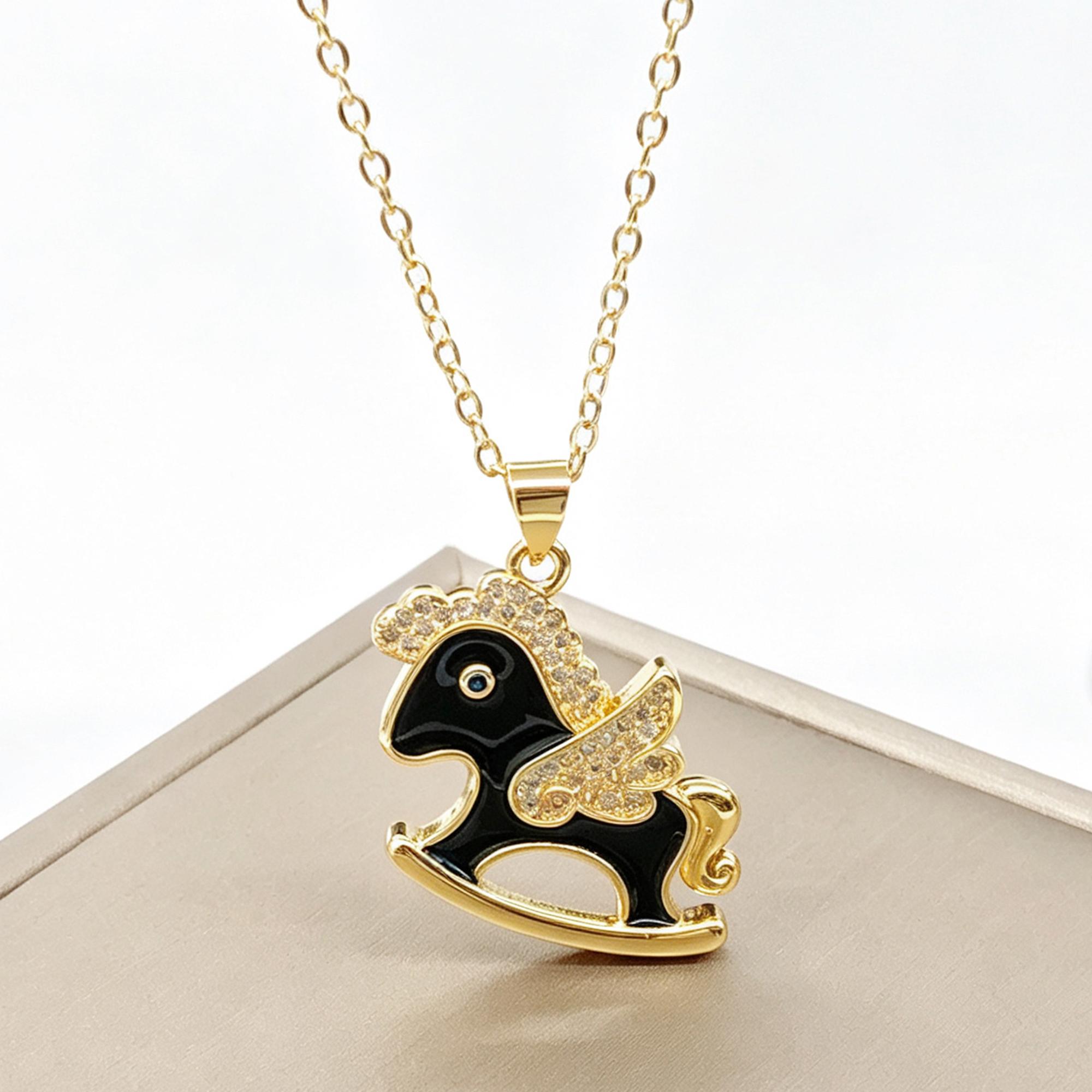 

Gold Plated Cute Enamel Rocking Horse Pendant Necklace Zircon Winged Unicorn Necklace For Women Kids Party Birthday Zircon Gift