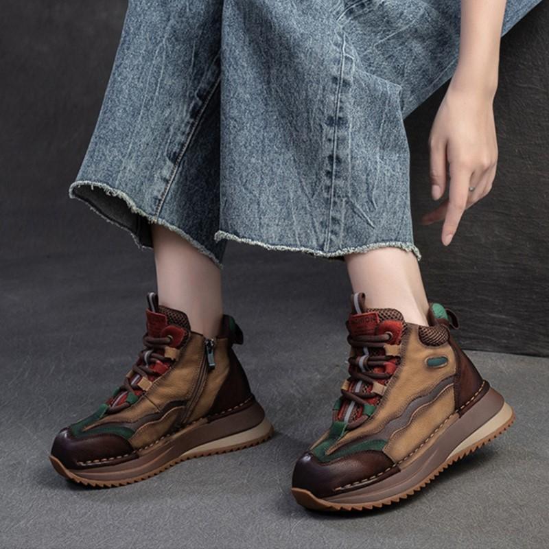 Johnature Gemischte Farben Retro Dicke Sohlen Schnürstiefel Kurze Stiefel Echtes Leder Lässige Pendler Damenschuhe