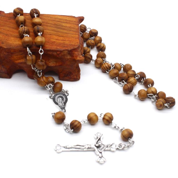 Rosary Necklace Retro Wooden Beads Women Crucifix Charm Gifts Ceremony Wearing