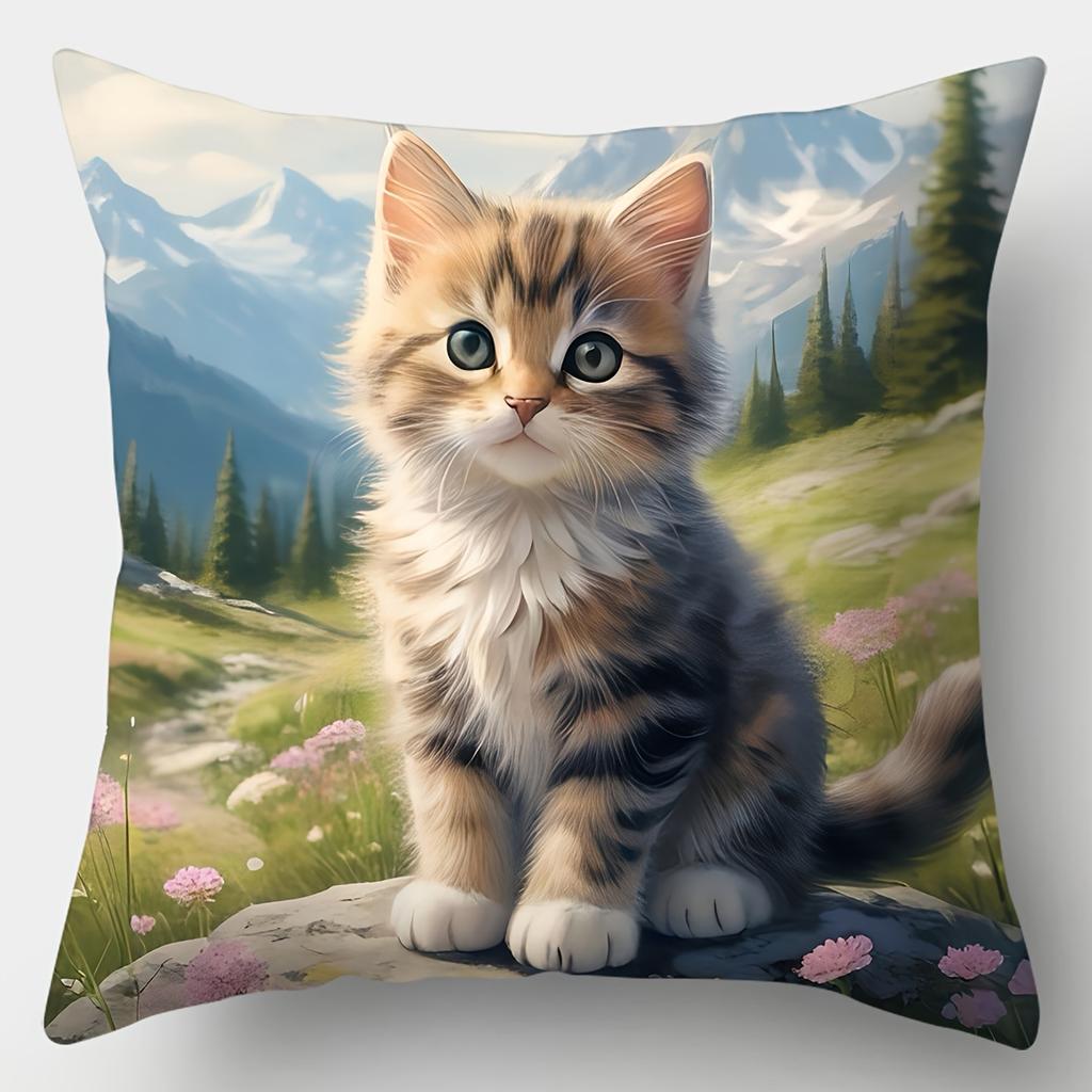 4-Pack 17.7x17.7 Inch Contemporary Cute Cat Floral Print Throw Pillow Covers, Decorative Cushion Covers for Home Sofa Bed(Pillow Inserts Not Included)