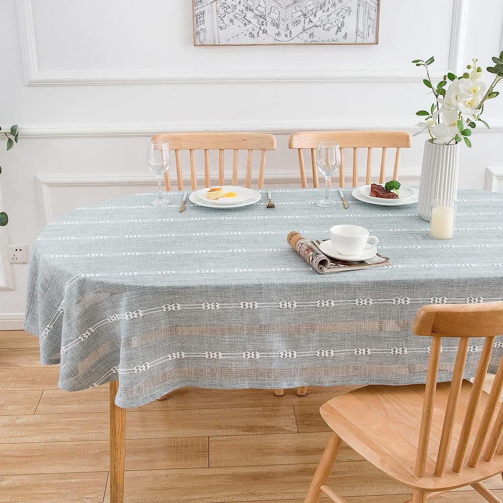 Country Tablecloth Oval Stripe Embroidery Flower Linen Heavy Duty Cover Kitchen Table Fabric