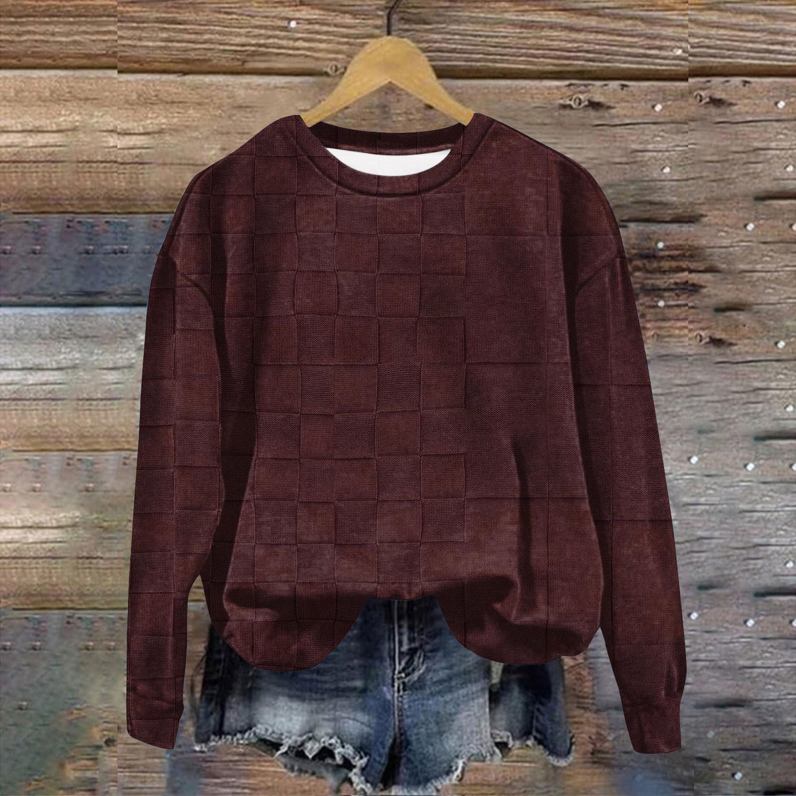 

Женская мода ChristmasPrinted с длинным рукавом свободный круглый вырез толстовка Топ L винный