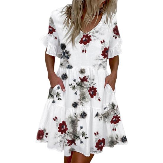 Summer Women Dress Color Block Short Ruffle Sleeve V Neck Pockets Floral