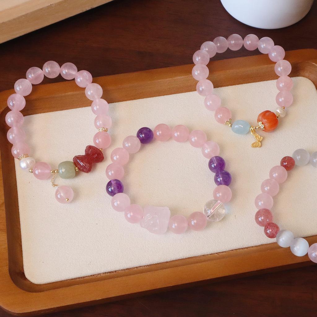 Natural Pink Quartz Crystal Bracelet for Women,fashion Design Amethyst Bracelet Powder Crystal Beaded Jewelry