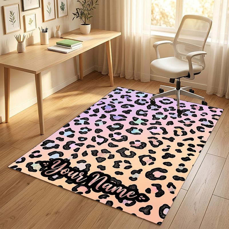 Leopard Ornate Theme Soft Crystal Velvet Rug Custom Name & Text Print Non Slip Floor Rug for Bedroom Living Room