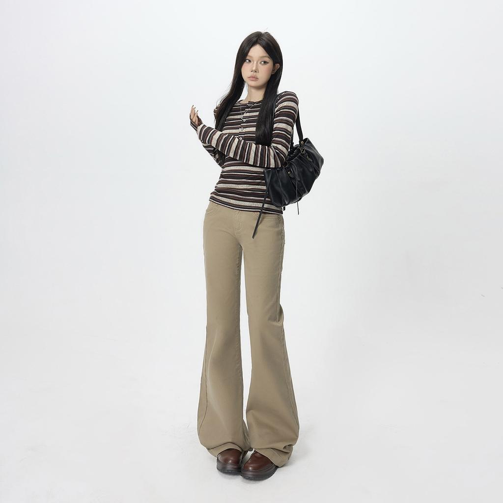 Autumn new American retro low-rise Spice Girl flared pants slim-fitting and thin khaki elastic jeans