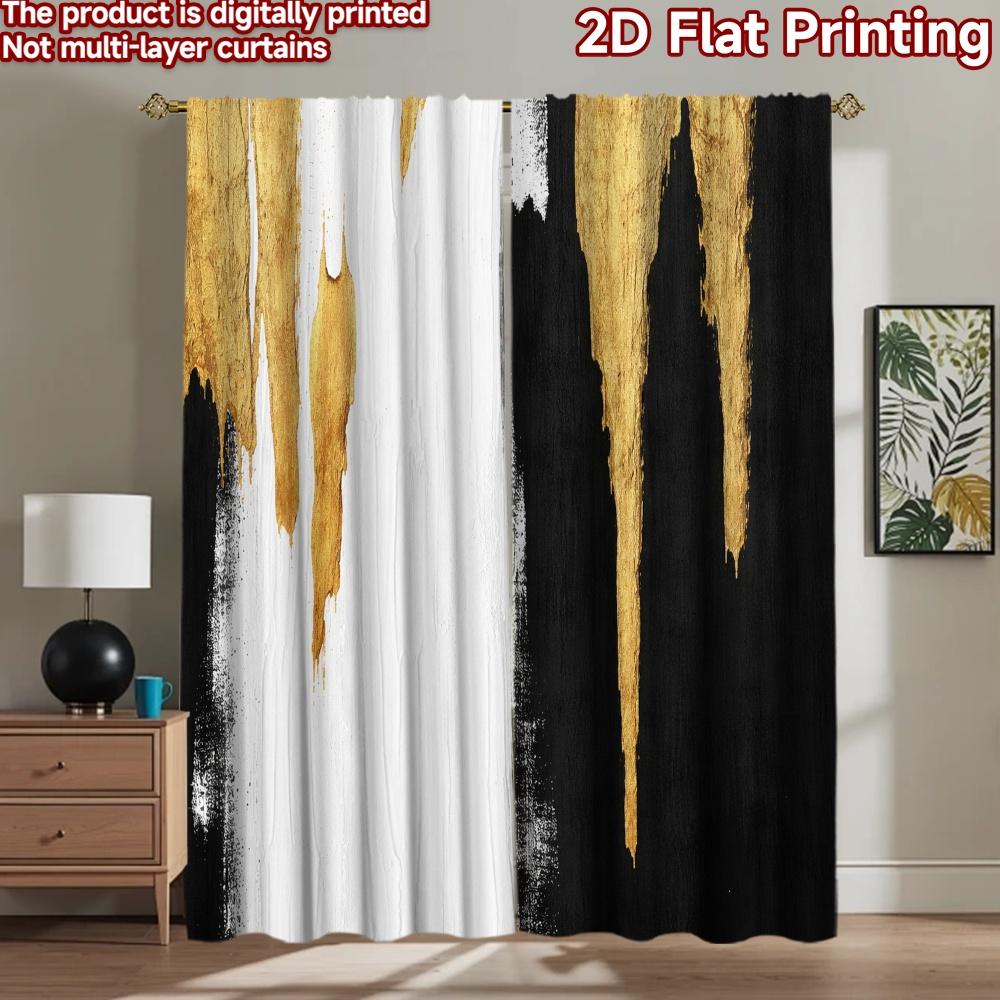 2D Flat Printing 2pcs Curtain Curtain Golden Dripping Contrast Digital Printed Polyester Drapes Family Party Use for Festive for
