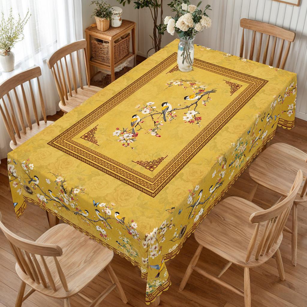 1 Piece Retro Style Flower And Bird Print Round Tablecloth, 5 Sizes Available, Square Tablecloth With Retro Shading Plum Blossom Flower And Bird Print