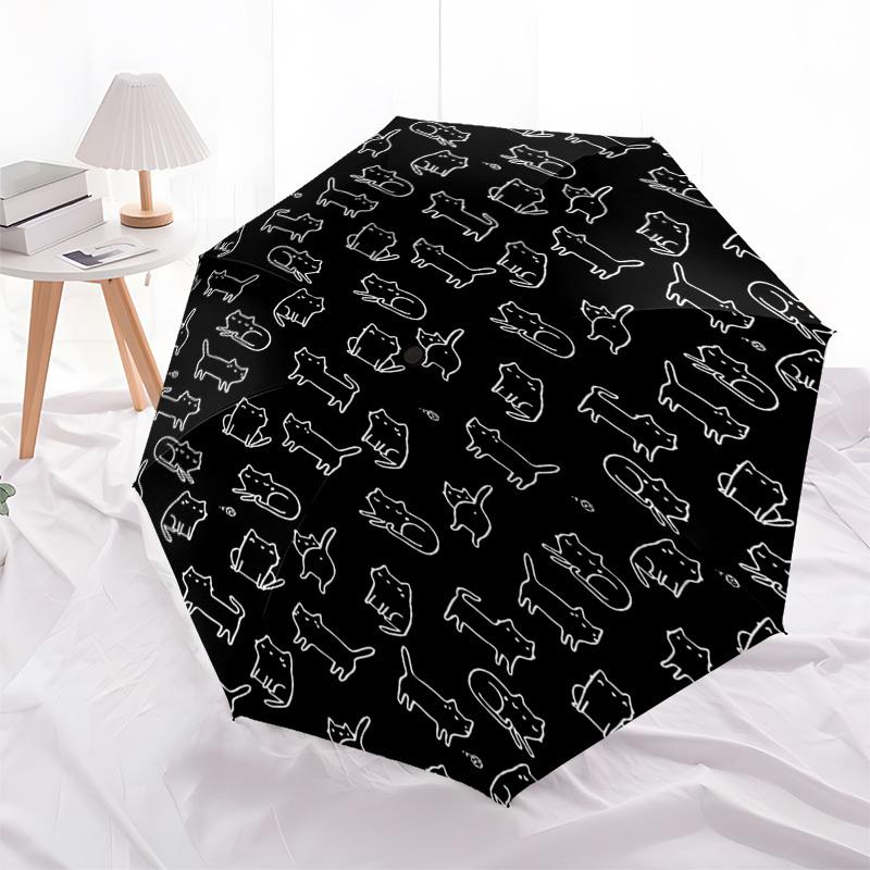 1pc Cats in various poses on black background. Umbrella with Plastic Handle,Compact & Stylish,Cartoon Pattern,Outdoor UmbrellaPT432