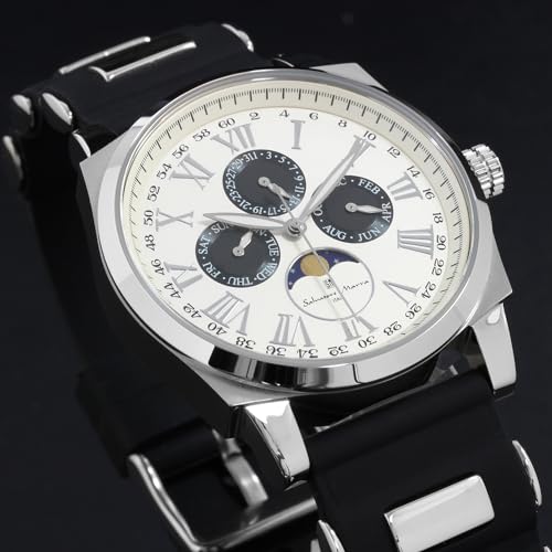 Salvatore Marra Men's Moon Phase Multi-Calendar Watch, 5 ATM Water Resistant, Business Formal, Rubber Strap, Limited Edition, White/Silver, SM22105R-S