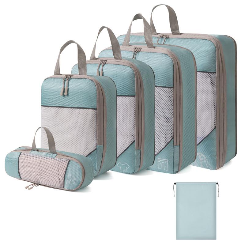 6Pcs Travel Compressed Packing Cubes Storage Organizer Set With Drawstring Bag Luggage Portable Lightweight Suitcase Bag