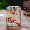 Double Wall Glass Coffee Mug with Handle Colorful Petal Design Tumbler Creative Insulated Cup for Hot