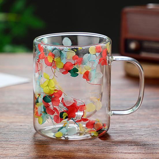 Double Wall Glass Coffee Mug with Handle Colorful Petal Design Tumbler Creative Insulated Cup for Hot